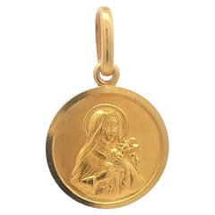 Vintage Italian 18k Yellow Gold Saint Therese Medallion Charm Pendant