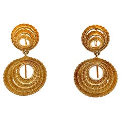 Vintage Italian 18K Yellow Gold Textured Concentric Circle Drop Earrings