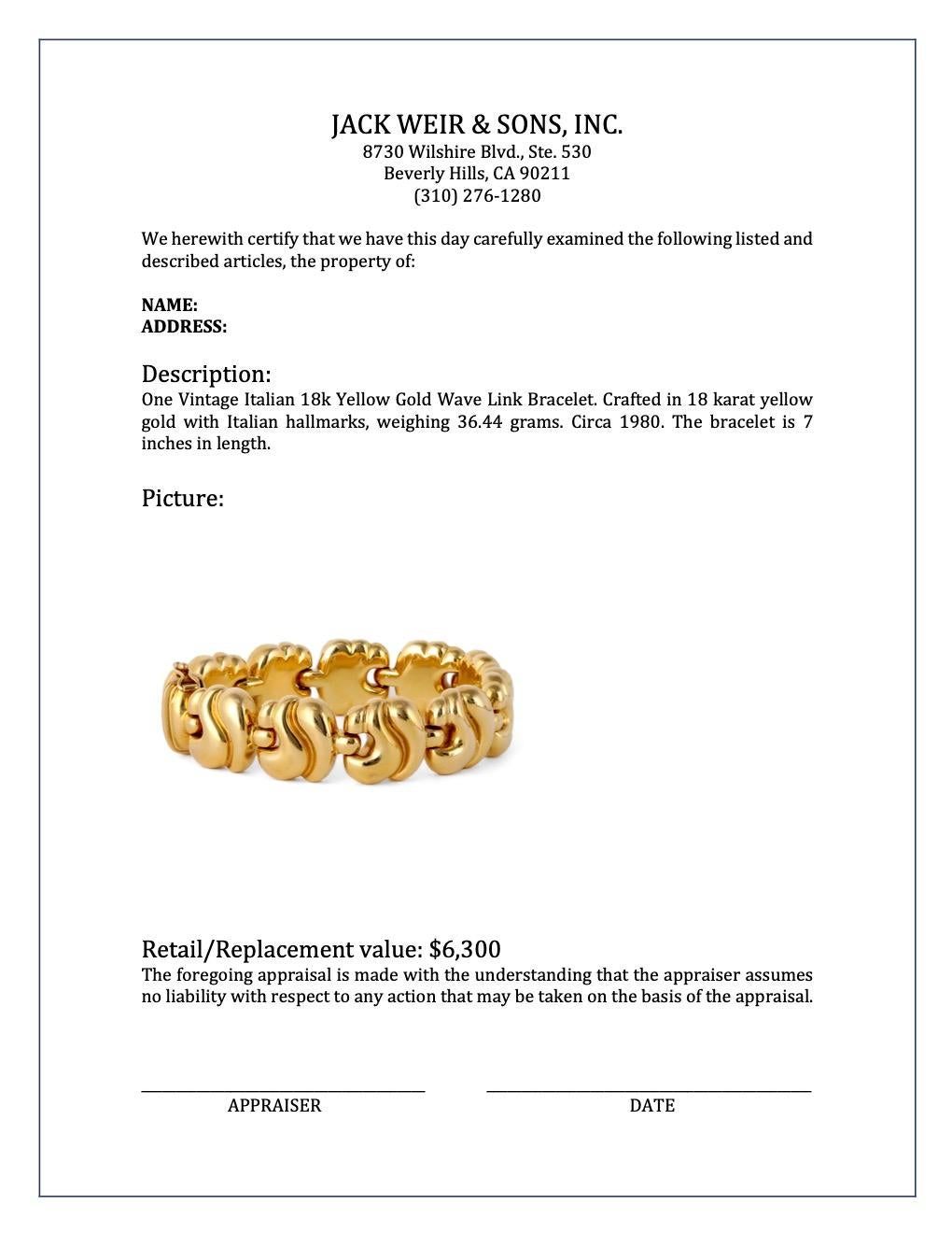 Vintage Italian 18k Yellow Gold Wave Link Bracelet 3