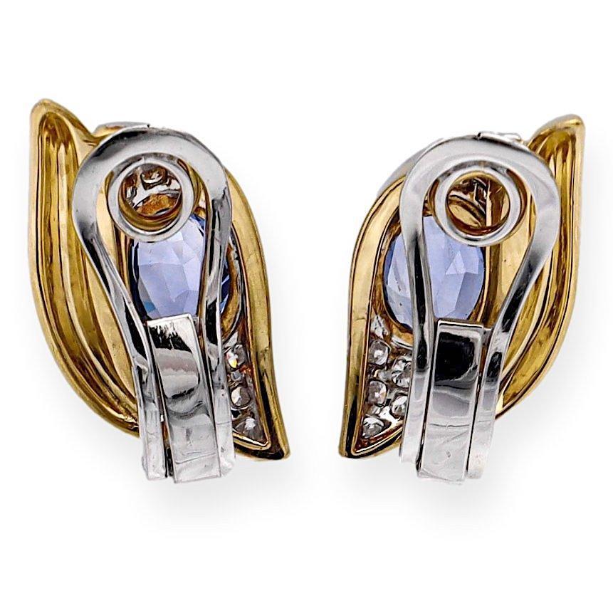 Oval Cut Vintage Italian 18K Yellow & White Gold Earrings w/ Burma No-Heat Blue Sapphires