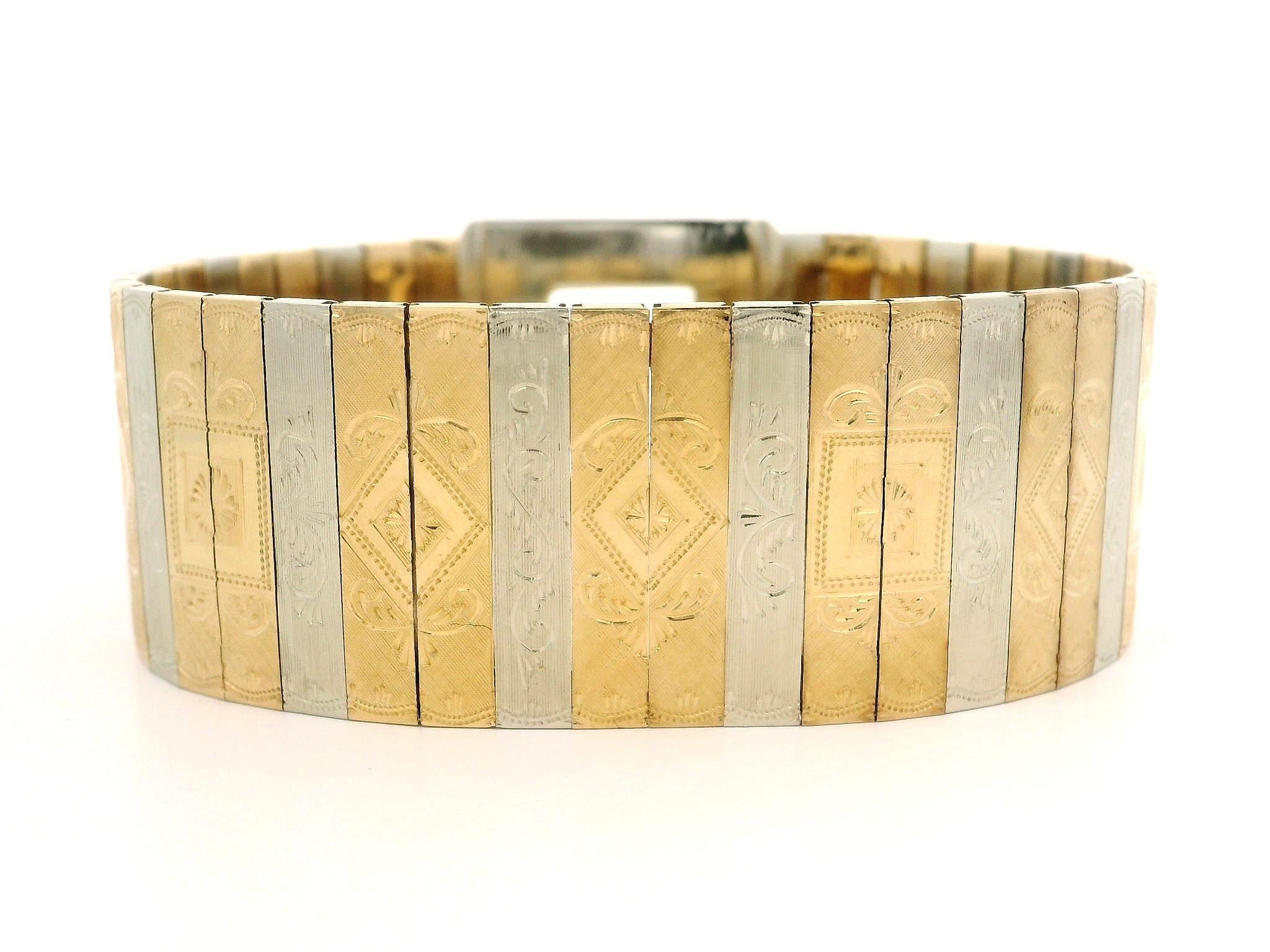Vintage Italian 18k Yellow & White Gold Panel Engraved Wide Statement Bracelet For Sale 6