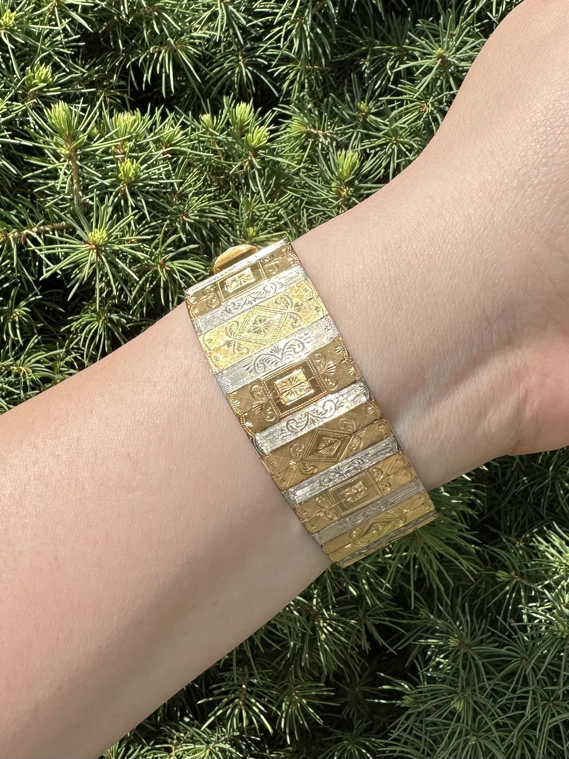 Material: Solid 18k Yellow - White Gold
Weight: 62.9 Grams
Bracelet Type: Florentine engrave alternating links
Bracelet Length: Will comfortably fit up to a 6.5