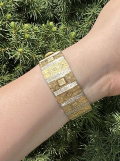 Vintage Italian 18k Yellow & White Gold Panel Engraved Wide Statement Bracelet