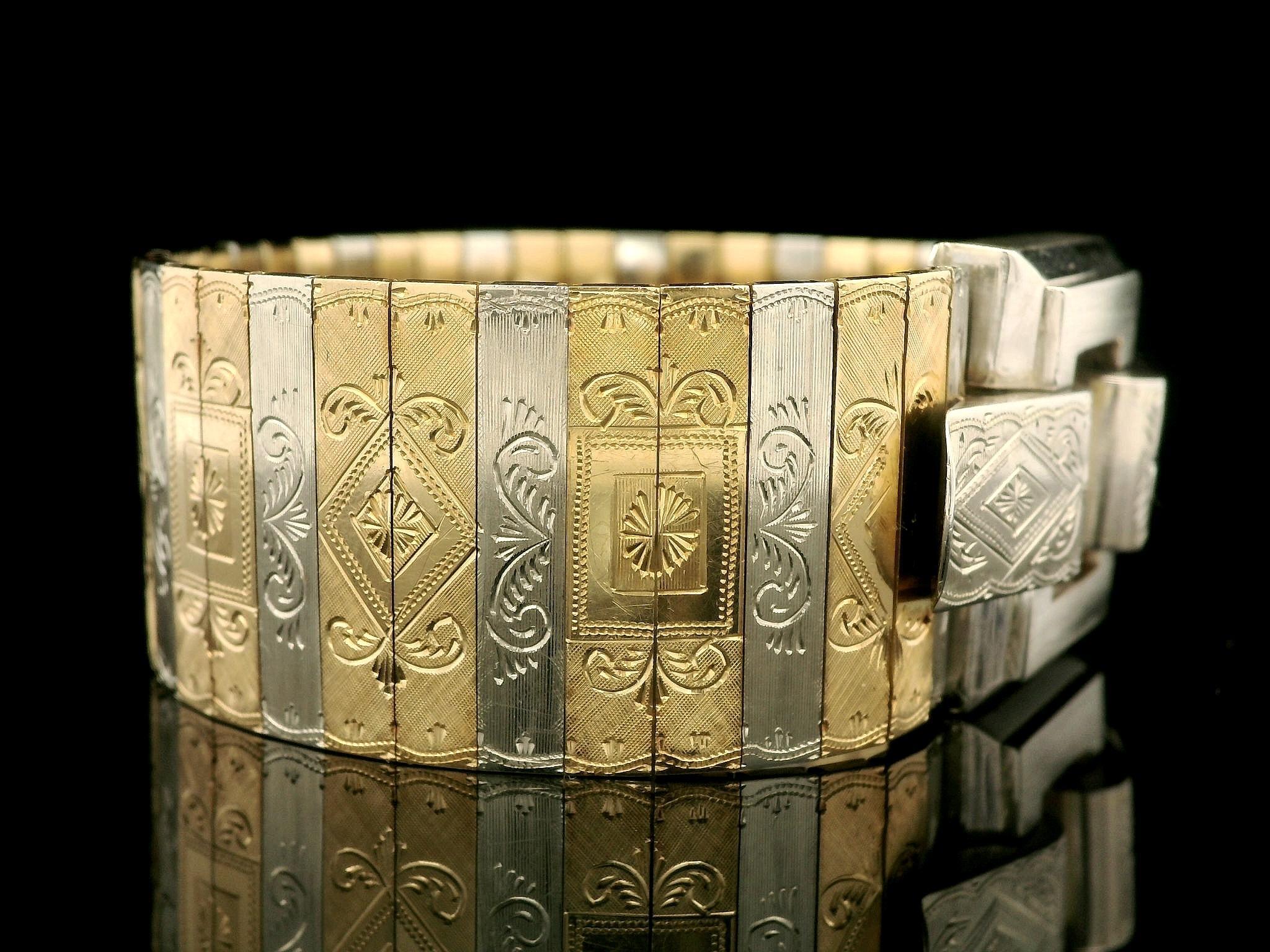 Women's Vintage Italian 18k Yellow & White Gold Panel Engraved Wide Statement Bracelet For Sale