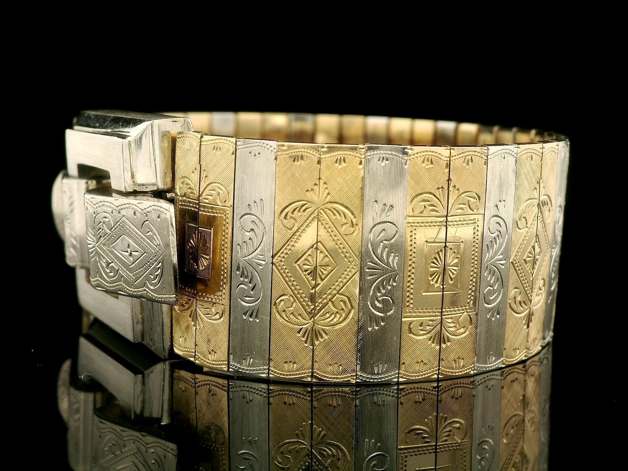 Vintage Italian 18k Yellow & White Gold Panel Engraved Wide Statement Bracelet For Sale 1