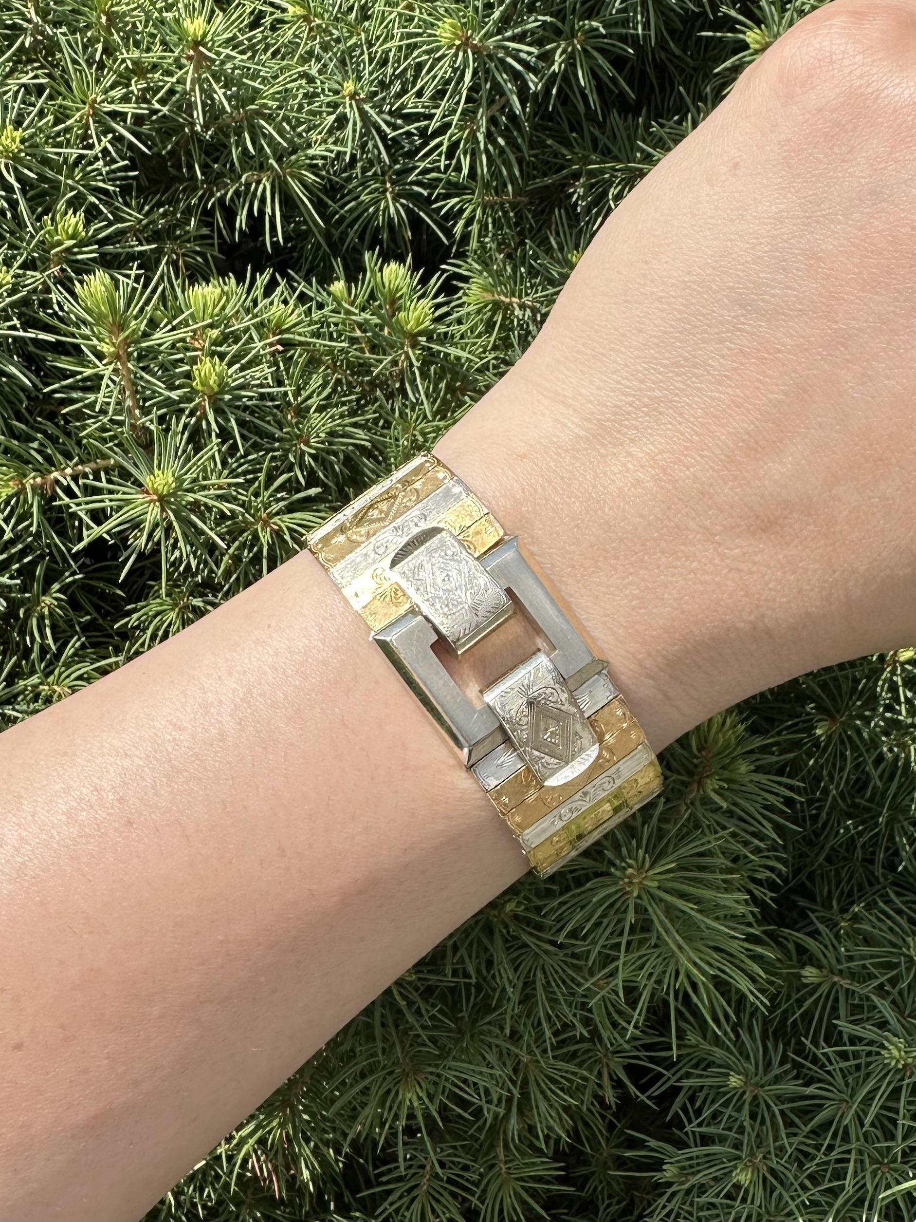 Vintage Italian 18k Yellow & White Gold Panel Engraved Wide Statement Bracelet For Sale 3