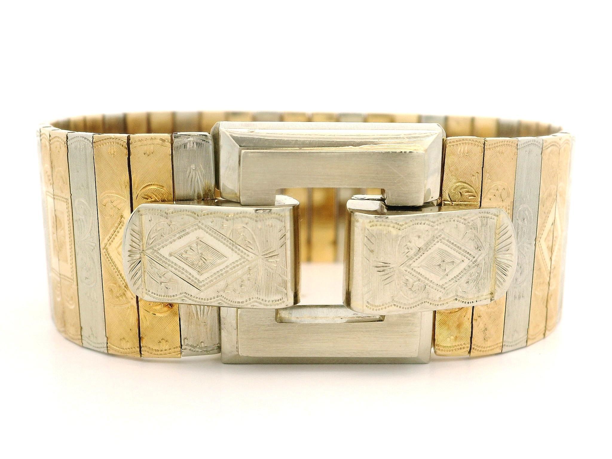 Vintage Italian 18k Yellow & White Gold Panel Engraved Wide Statement Bracelet For Sale 4