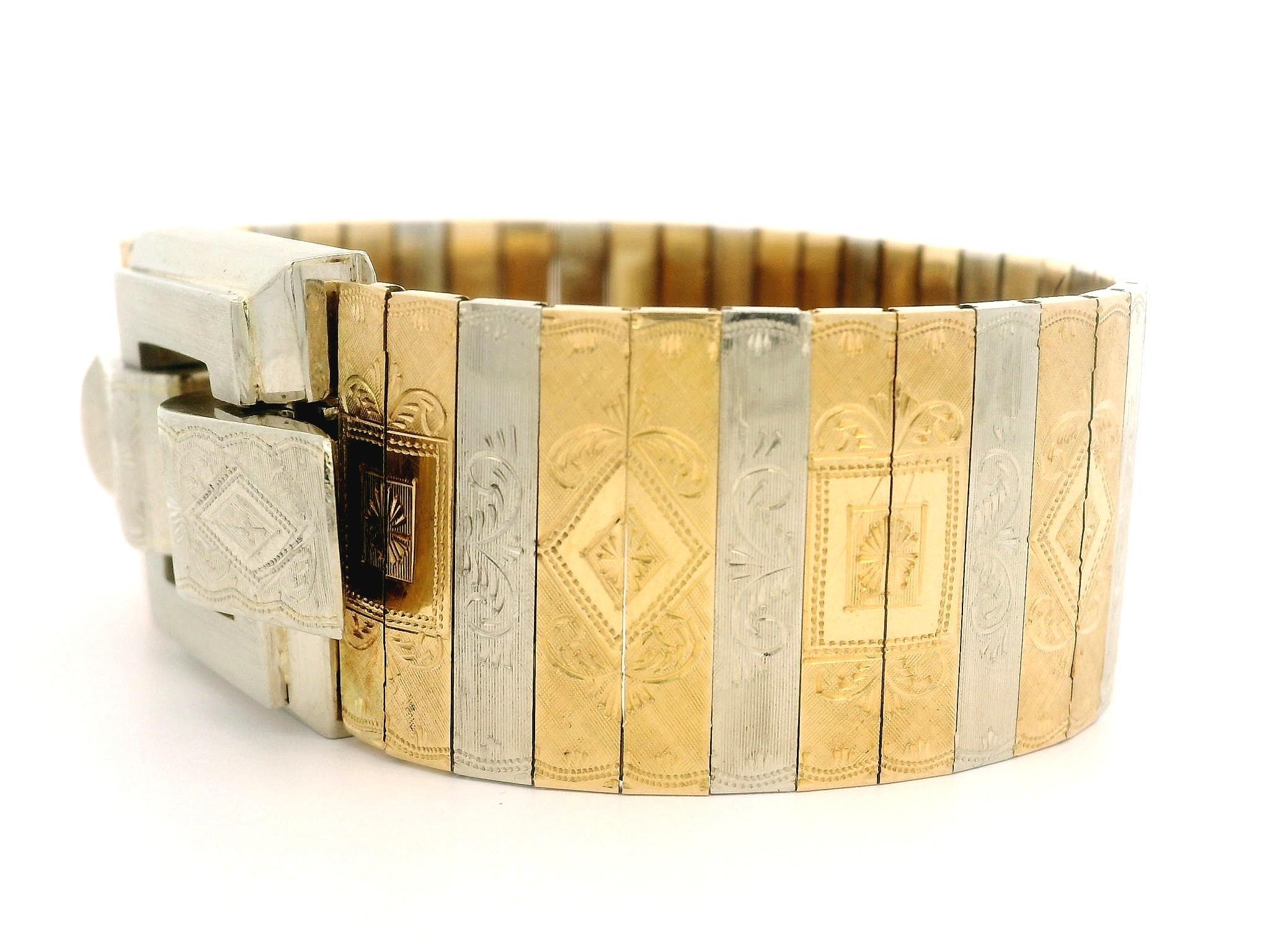 Vintage Italian 18k Yellow & White Gold Panel Engraved Wide Statement Bracelet For Sale 5