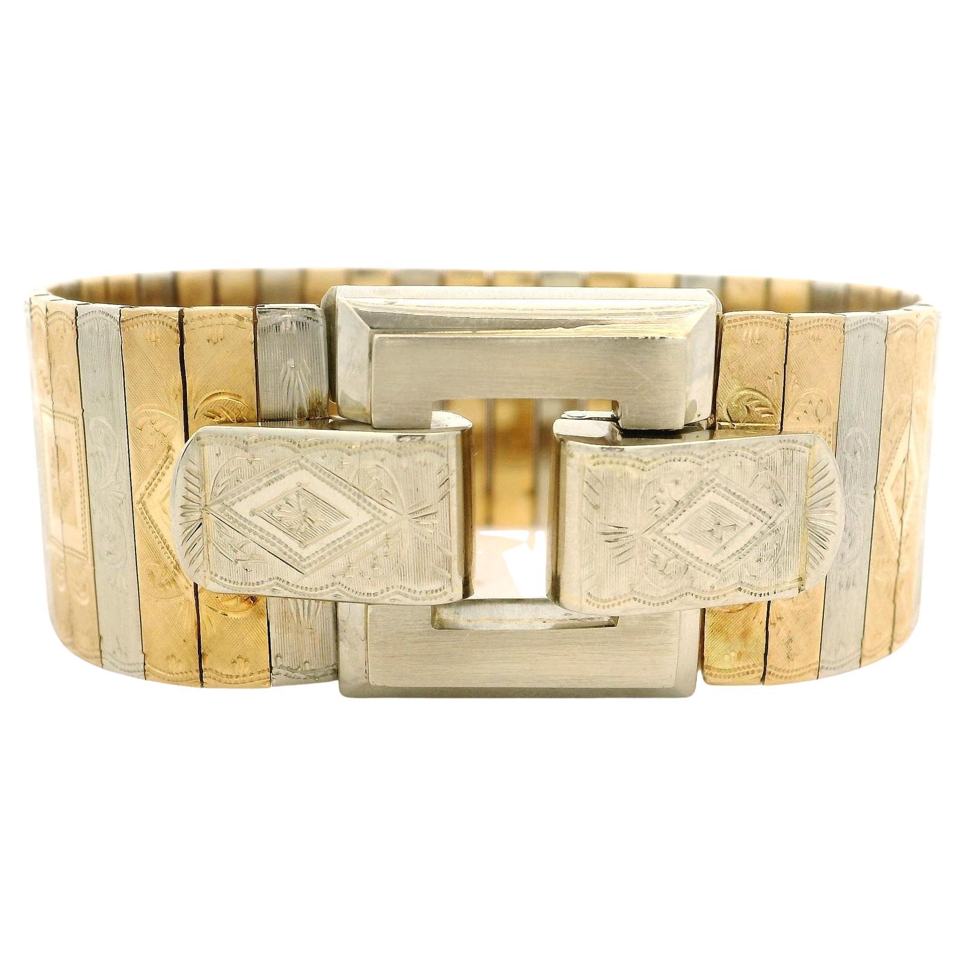 Vintage Italian 18k Yellow & White Gold Panel Engraved Wide Statement Bracelet For Sale