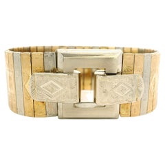 Vintage Italian 18k Yellow & White Gold Panel Engraved Wide Statement Bracelet