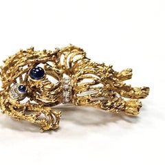 Vintage Italian 18kt Gold Diamond Sapphire Terrier Dog Brooch Pin, Textured Mid