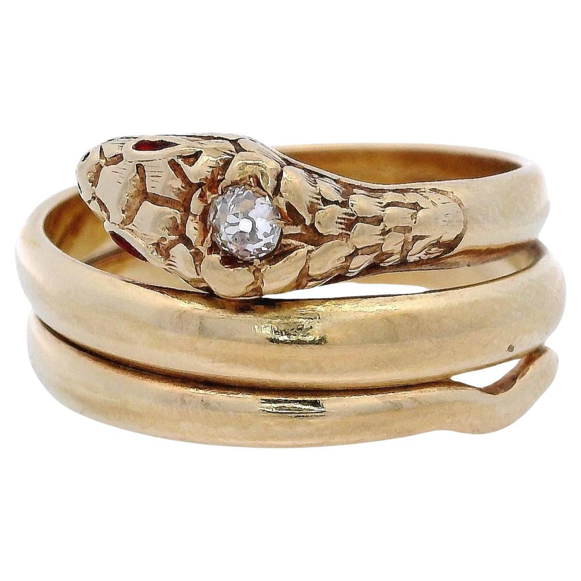 An 18k Gold French Gold Snake Ring with Diamonds For Sale at 1stDibs