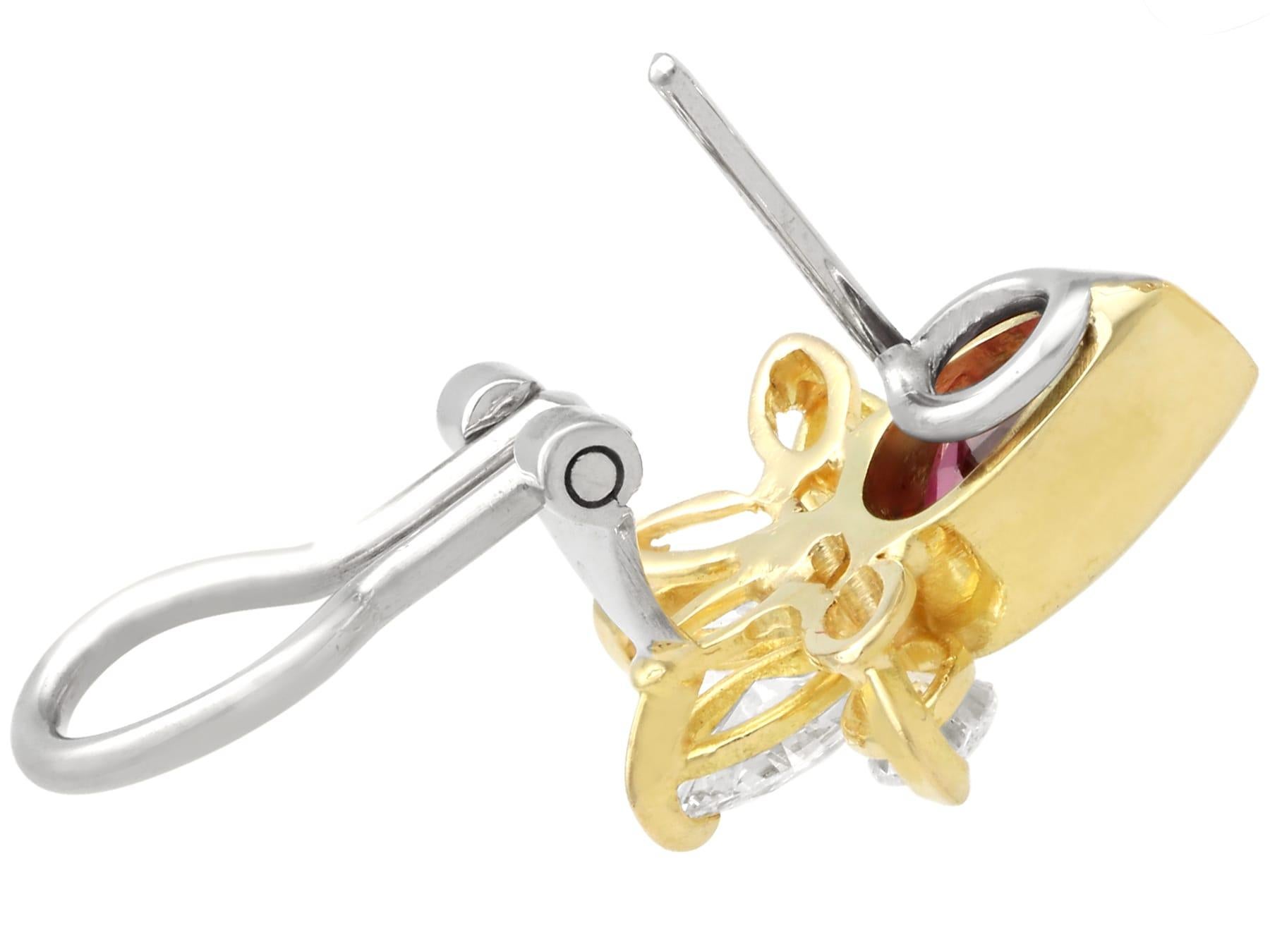 Boucles d'oreilles italiennes vintage en or jaune 18 carats avec rubis de 1,9 carat et diamants de 2,2 carats en vente 1
