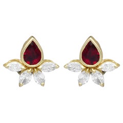 Retro Italian 1.9 Carat Ruby and 2.2 Carat Diamond 18k Yellow Gold Earrings
