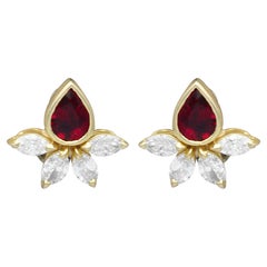 Boucles d'oreilles italiennes vintage en or jaune 18 carats avec rubis de 1,9 carat et diamants de 2,2 carats