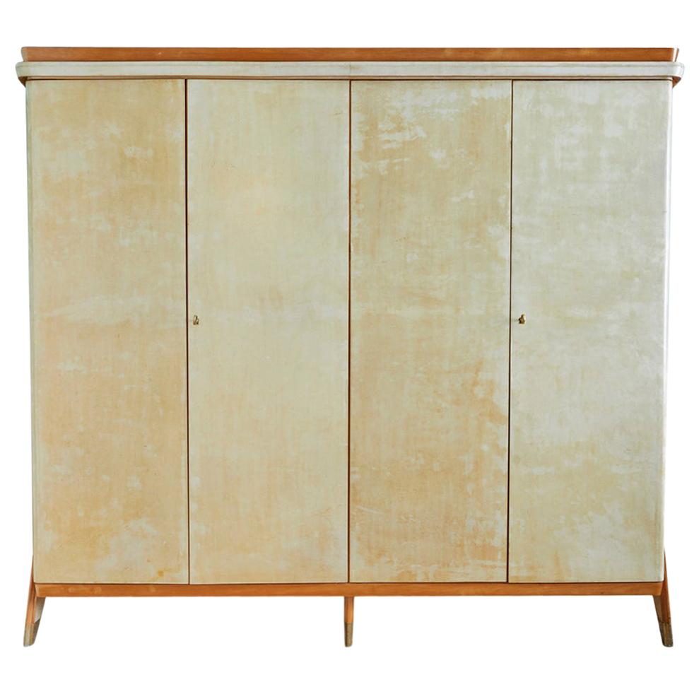 Vintage Italian 1950s Parchment Cabinet with Wooden Molding and Brass Shoes