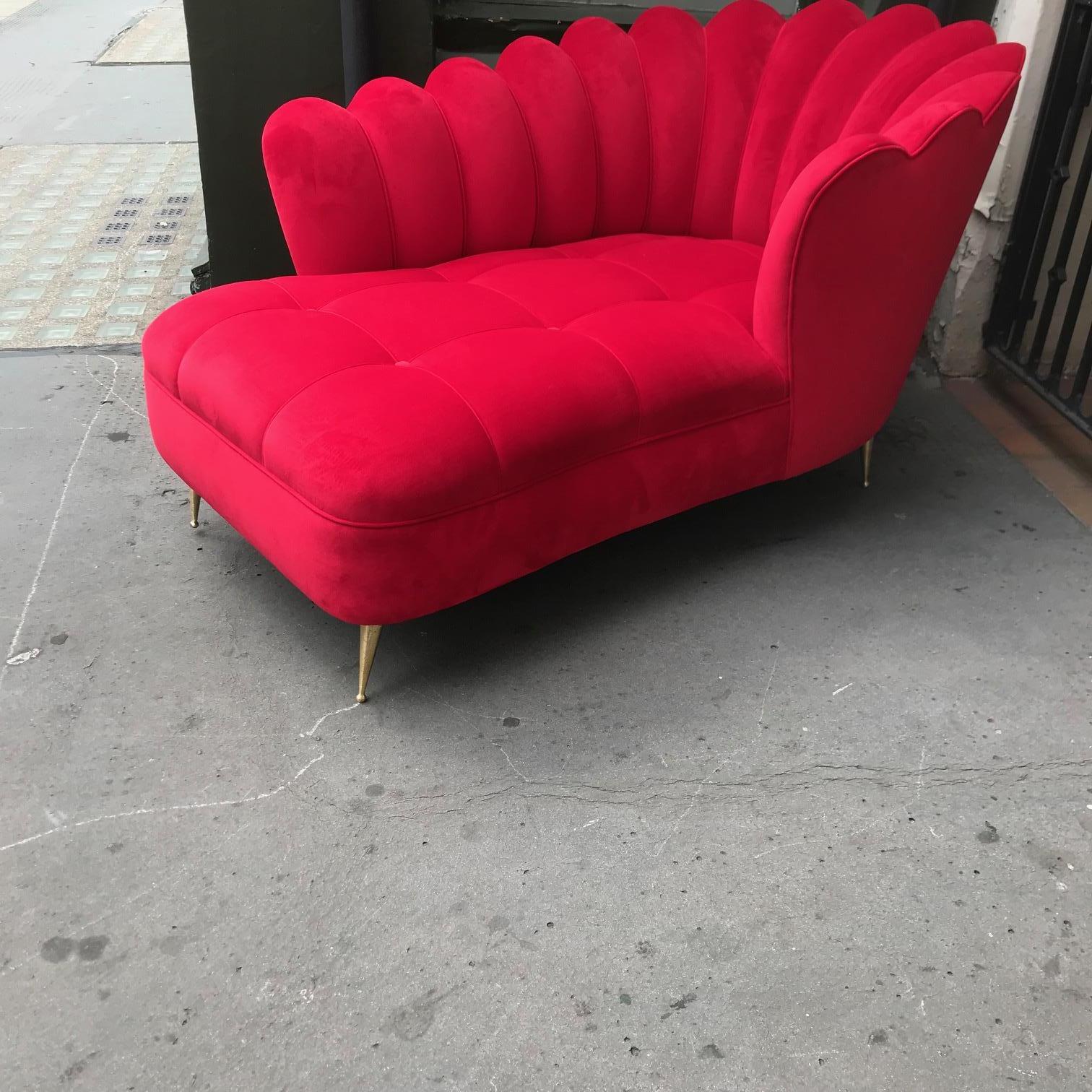 This elegant, unusual daybed/chairs lounge in the shape of the flower on the brass feet, reupholstered in red velvet, Italy, circa 1950s.