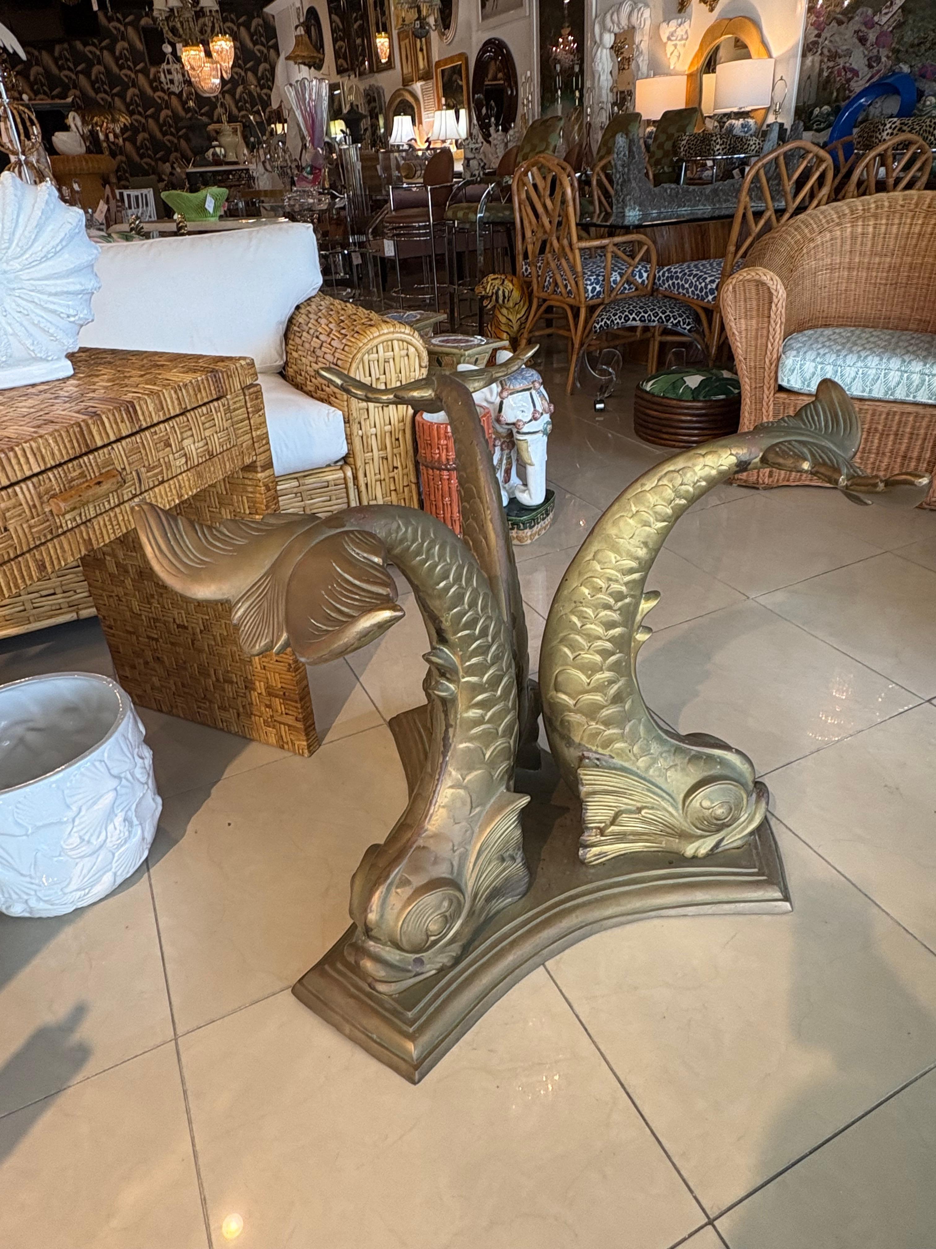 Vintage Italian 1960s Brass Bronze Koi Fish Center Entry Dining Table Base In Good Condition For Sale In West Palm Beach, FL