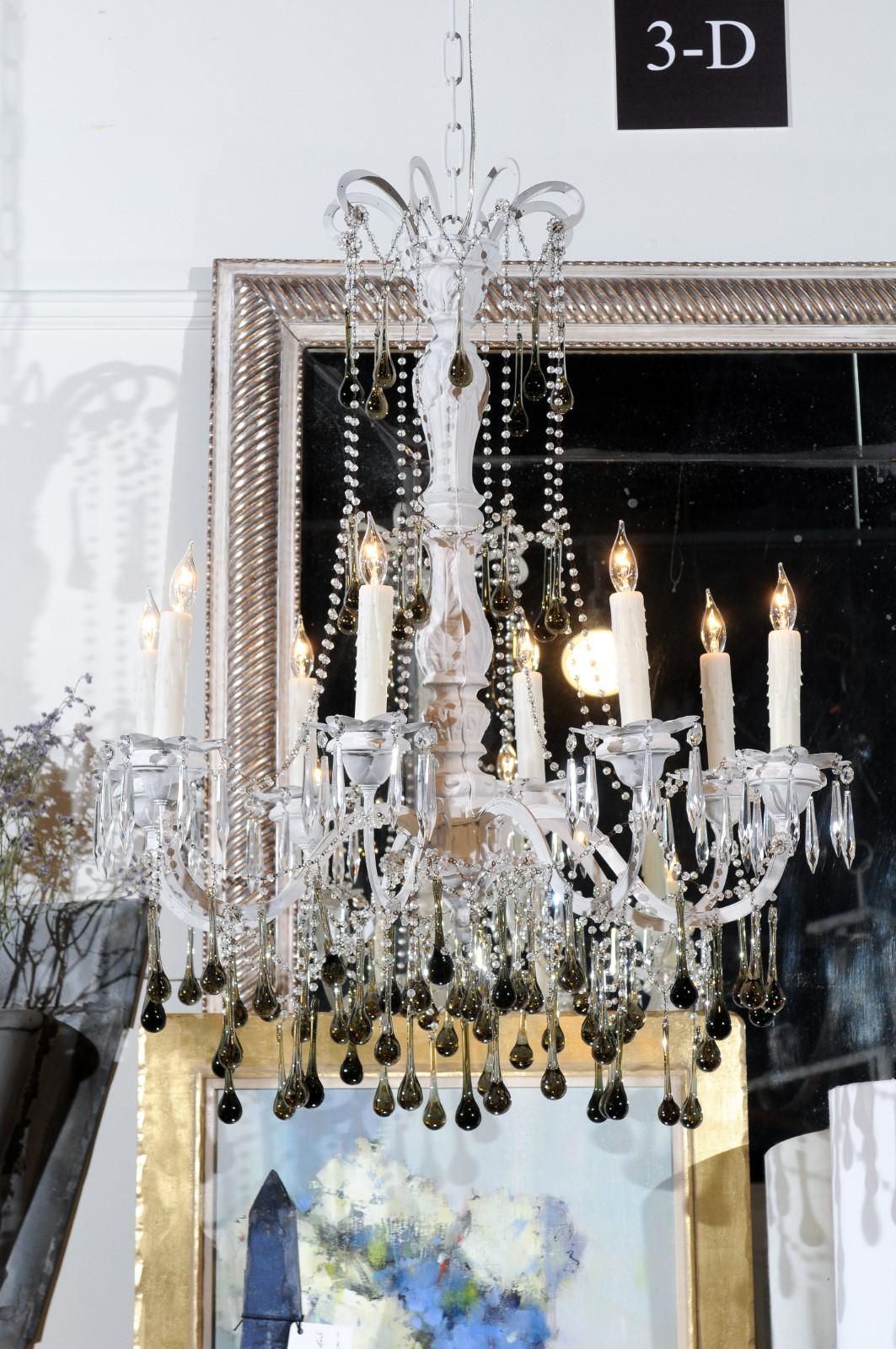 Iron Vintage Italian 1960s Eight Light Crystal Chandelier with Olive Teardrop Prisms