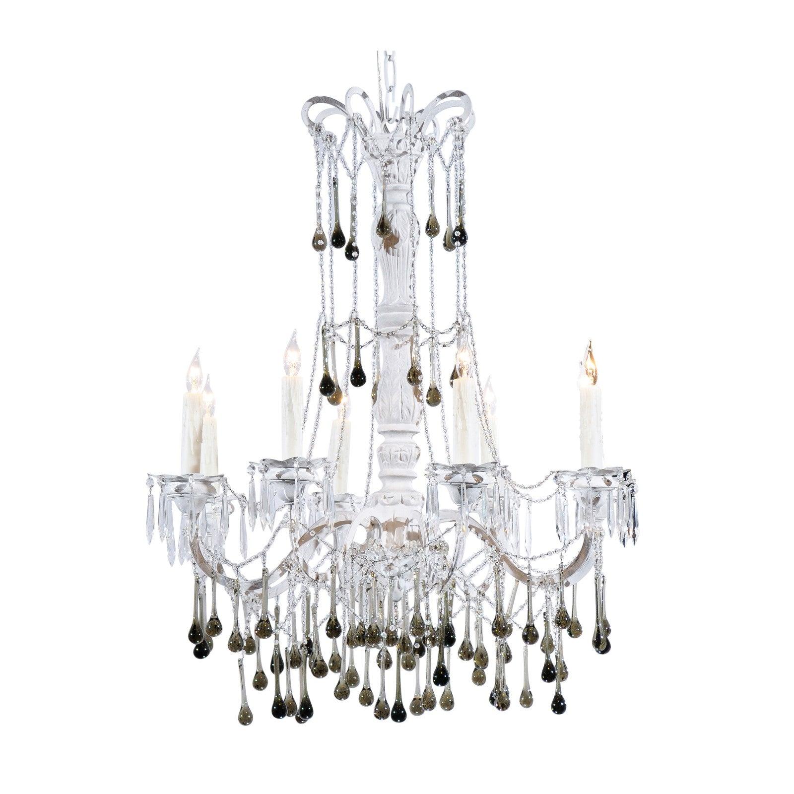 Vintage Italian 1960s Eight Light Crystal Chandelier with Olive Teardrop Prisms