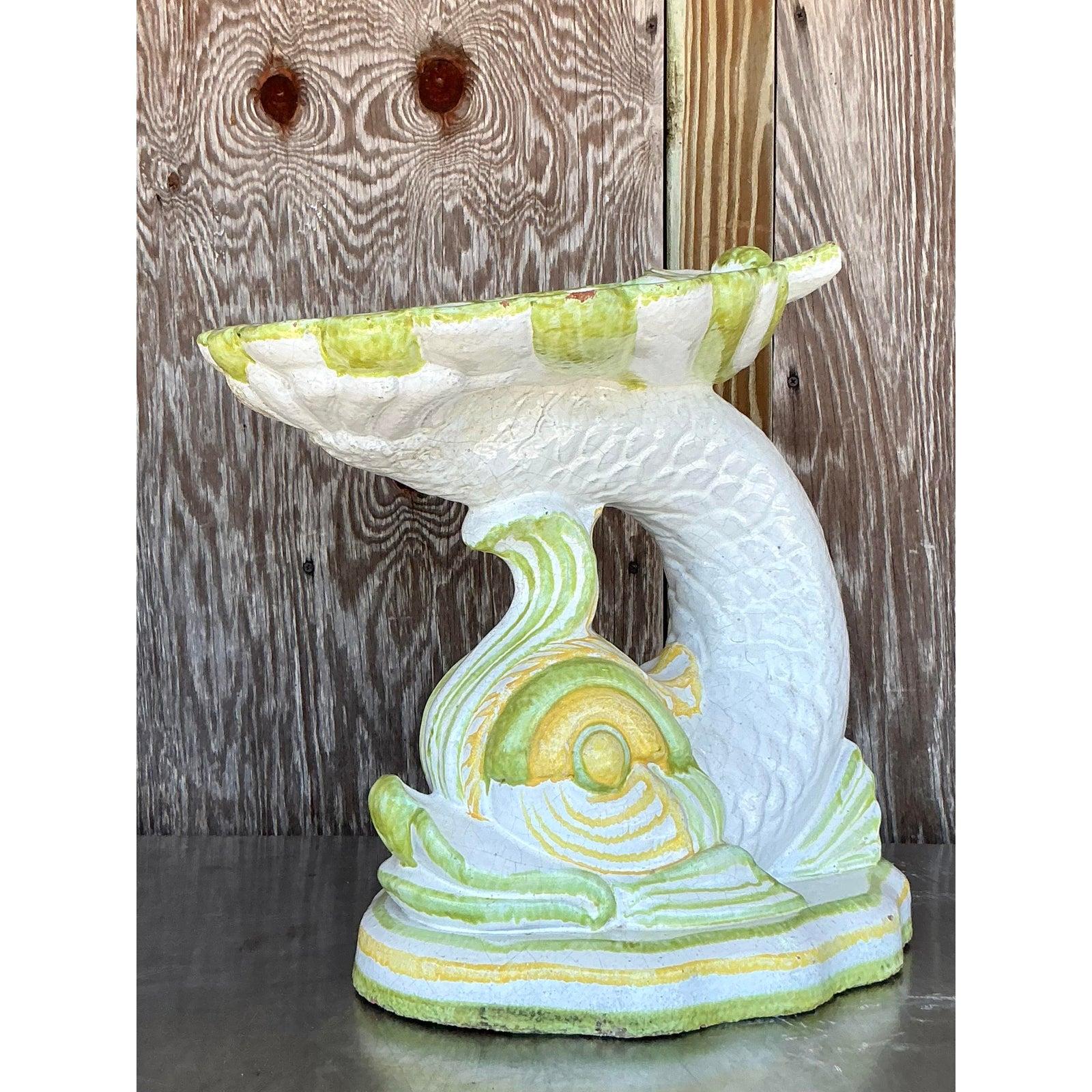 Hollywood Regency Vintage Italian 1960s Glazed Terracotta Dolphin Low Stool For Sale