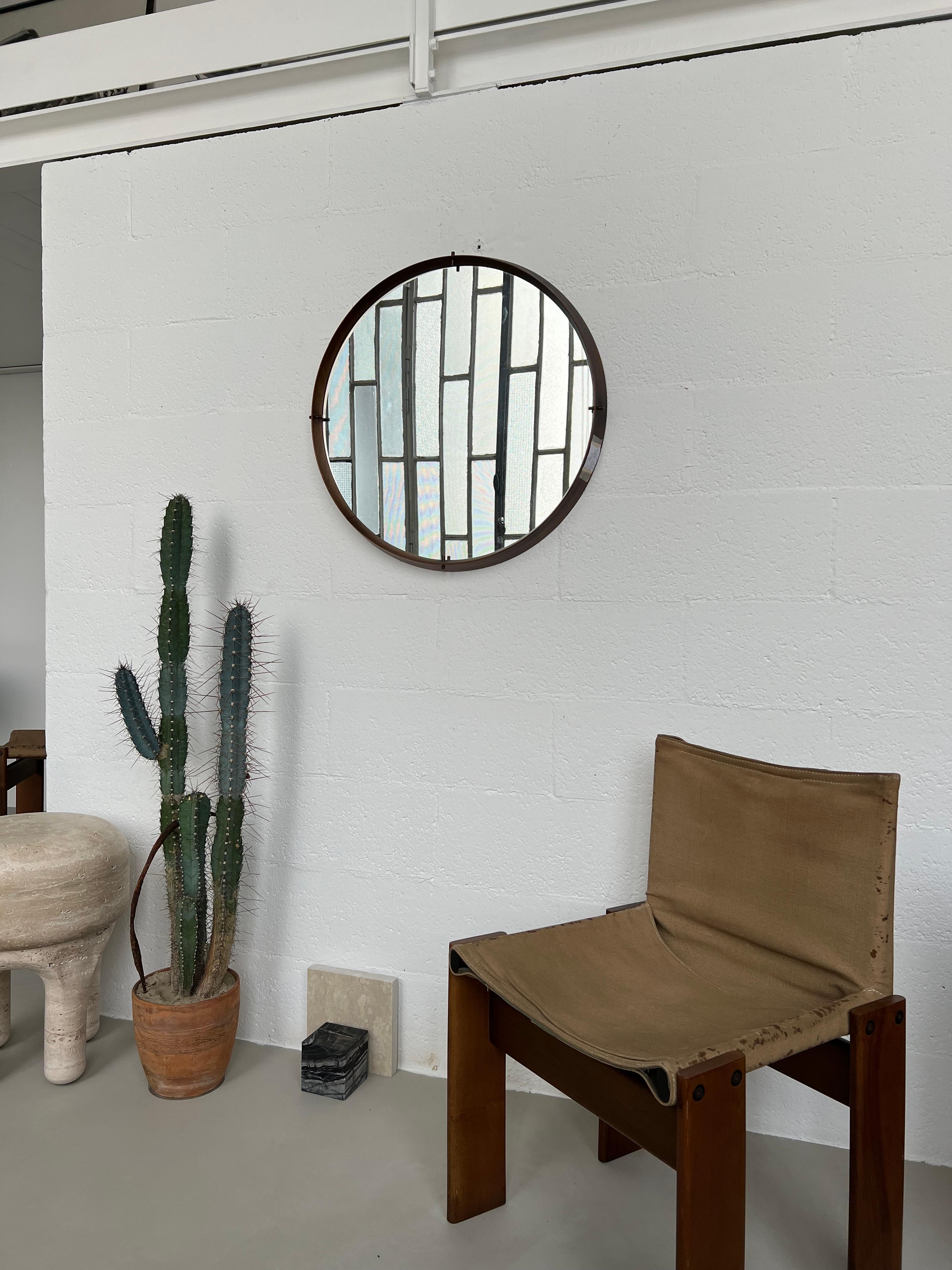 Mid-Century Modern Vintage Italian 1960s Round Wall Mirror Attributed to Cassina, Wood and Brass For Sale