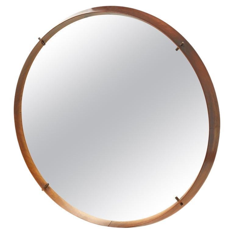 Vintage Italian 1960s Round Wall Mirror Attributed to Cassina, Wood and Brass