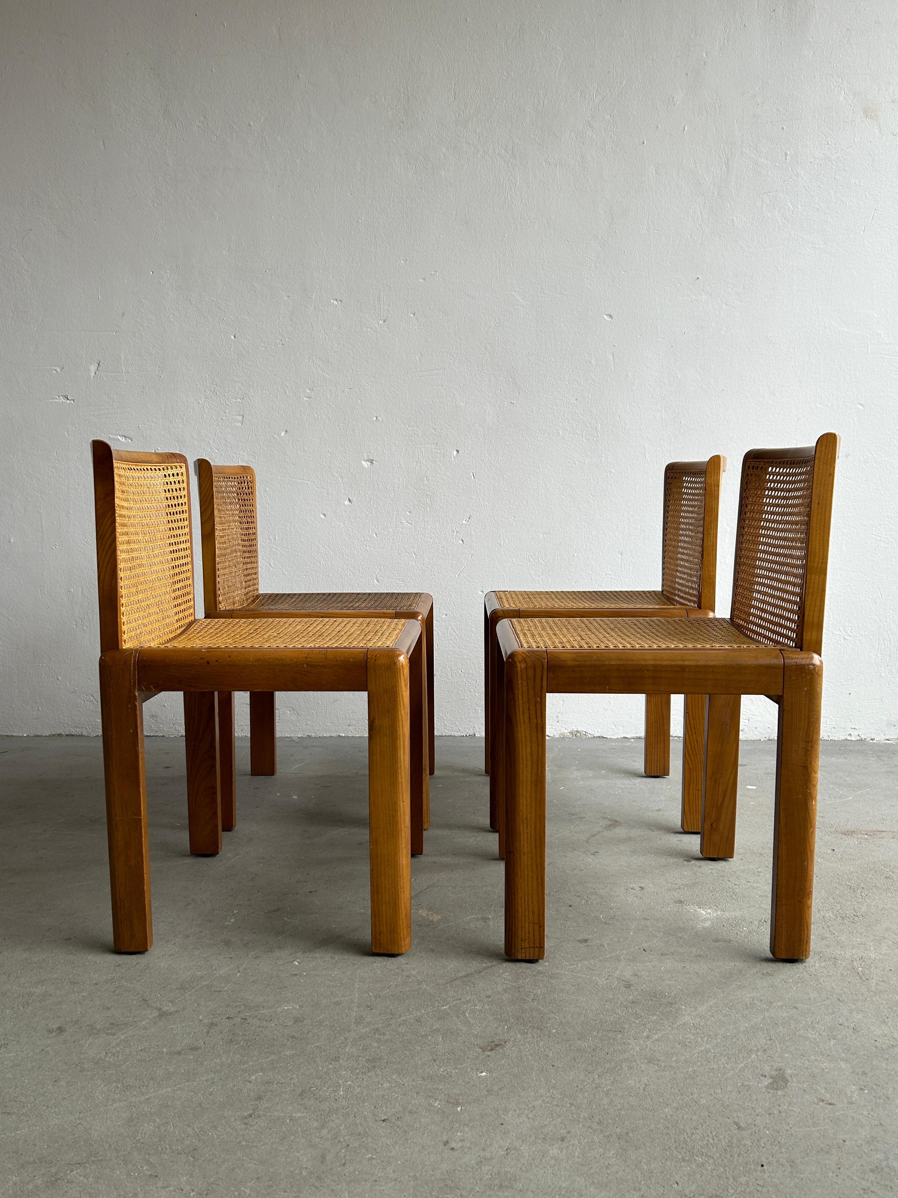 Vintage Italian 1970s Mid-Century Modern Wooden Dining Chairs in Oak and Cane 2