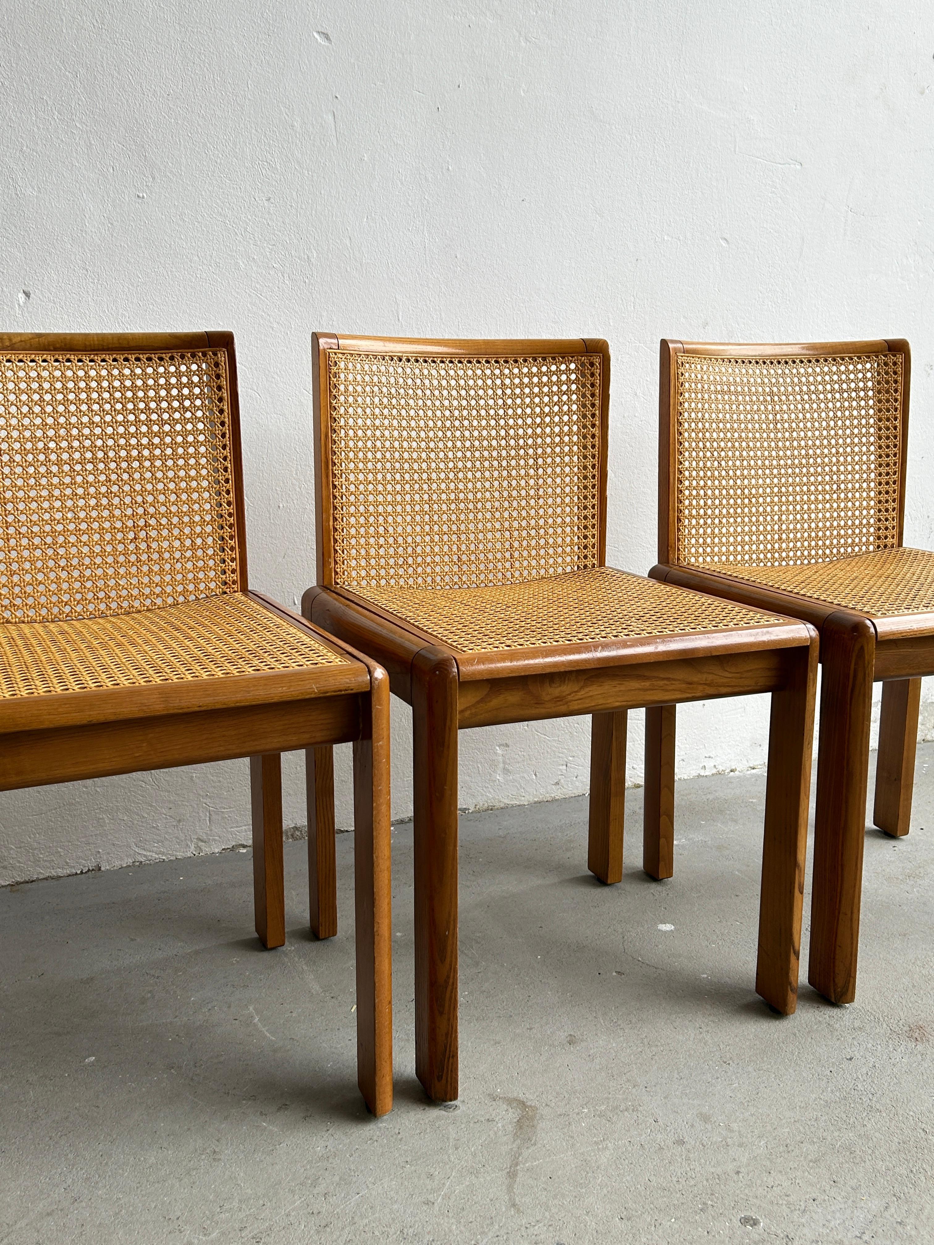 Vintage Italian 1970s Mid-Century Modern Wooden Dining Chairs in Oak and Cane 3