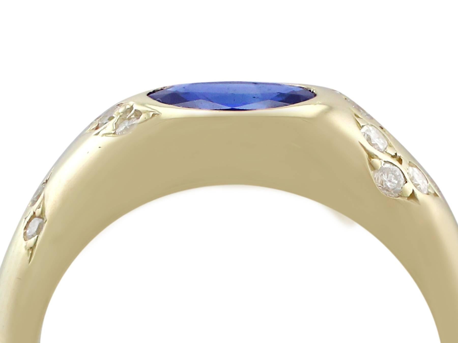 An impressive vintage Italian 0.85Ct sapphire and 0.21Ct diamond, 18k yellow gold dress ring; part of our diverse sapphire jewelry collections.

This fine and impressive sapphire dress ring has been crafted in 18k yellow gold.

The simple yet