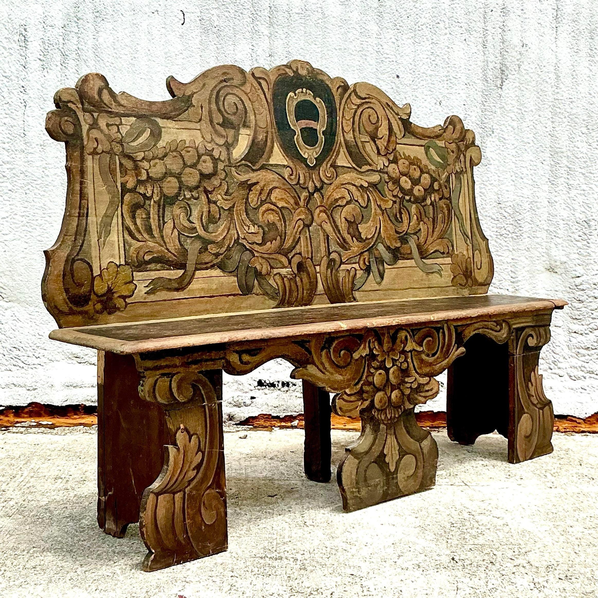 Panchina Cassapanca dipinta a mano dell'Ottocento italiano vintage in vendita 3