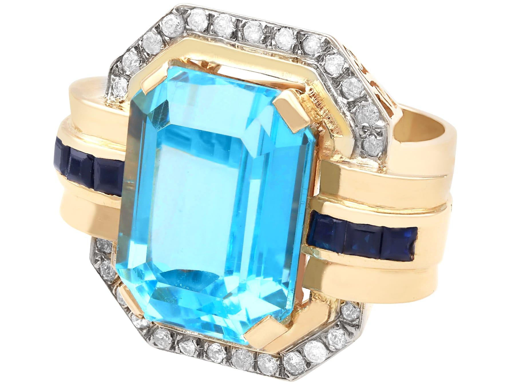 Emerald Cut Vintage Italian 26.01 Carat Topaz, Sapphire and Diamond Dress Ring For Sale