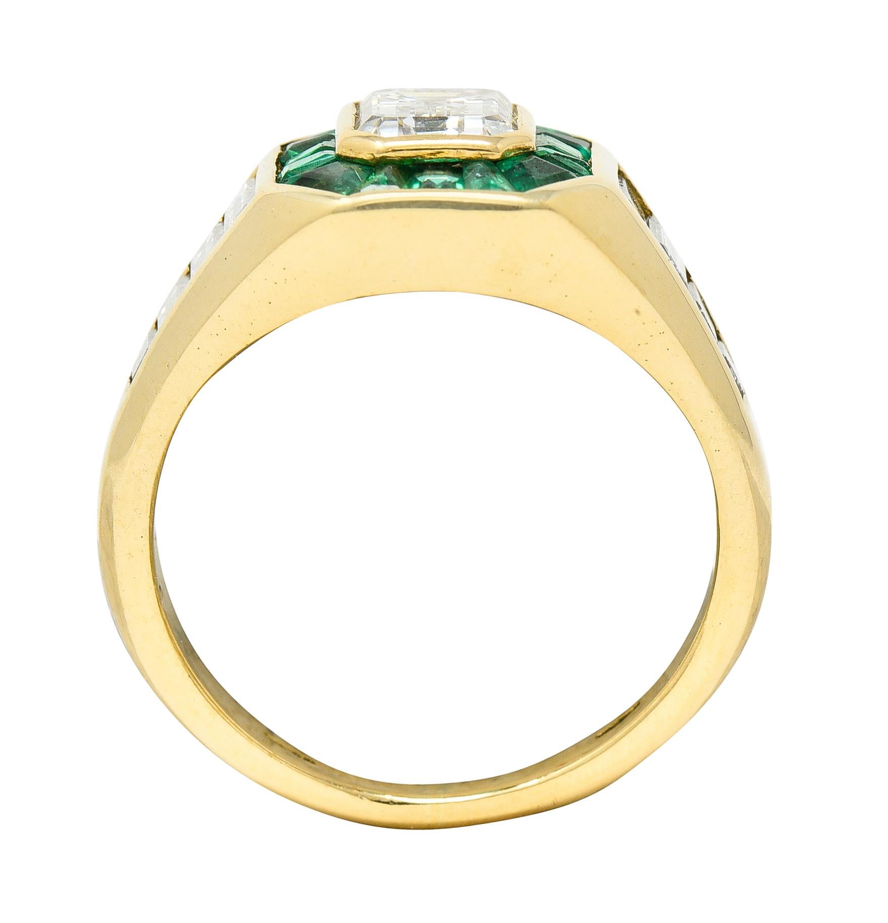 Vintage Italian 2.70 Carats Diamond Emerald 18 Karat Yellow Gold Unisex Ring 5