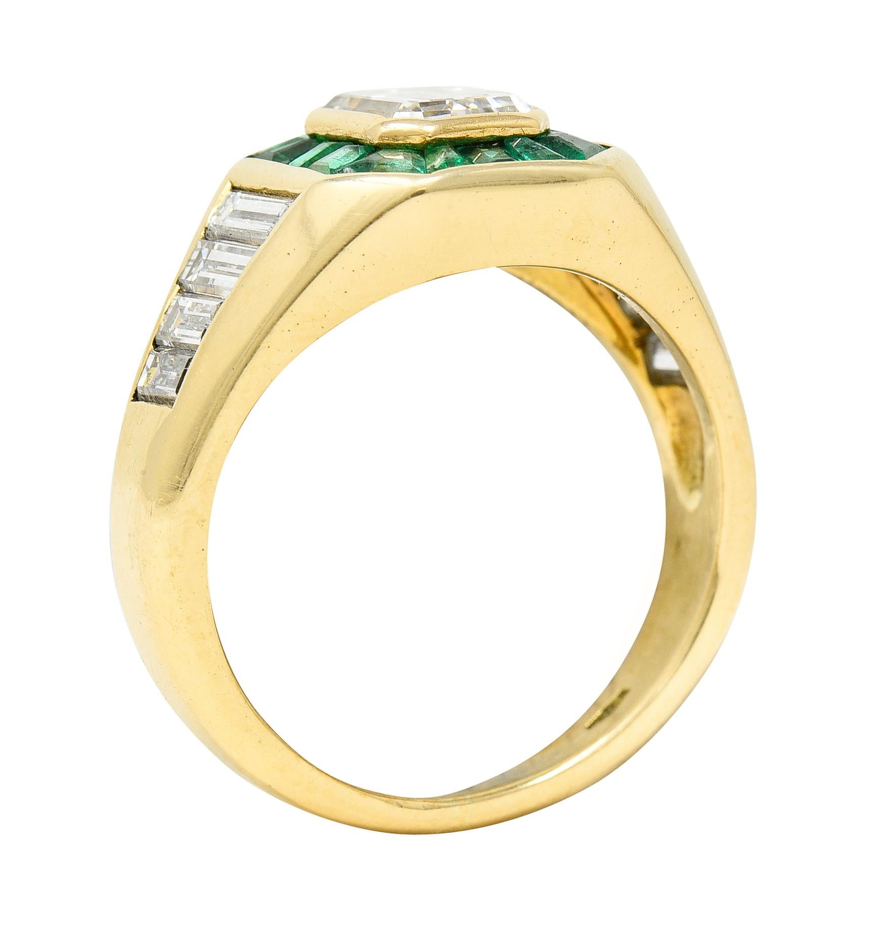 Vintage Italian 2.70 Carats Diamond Emerald 18 Karat Yellow Gold Unisex Ring 6