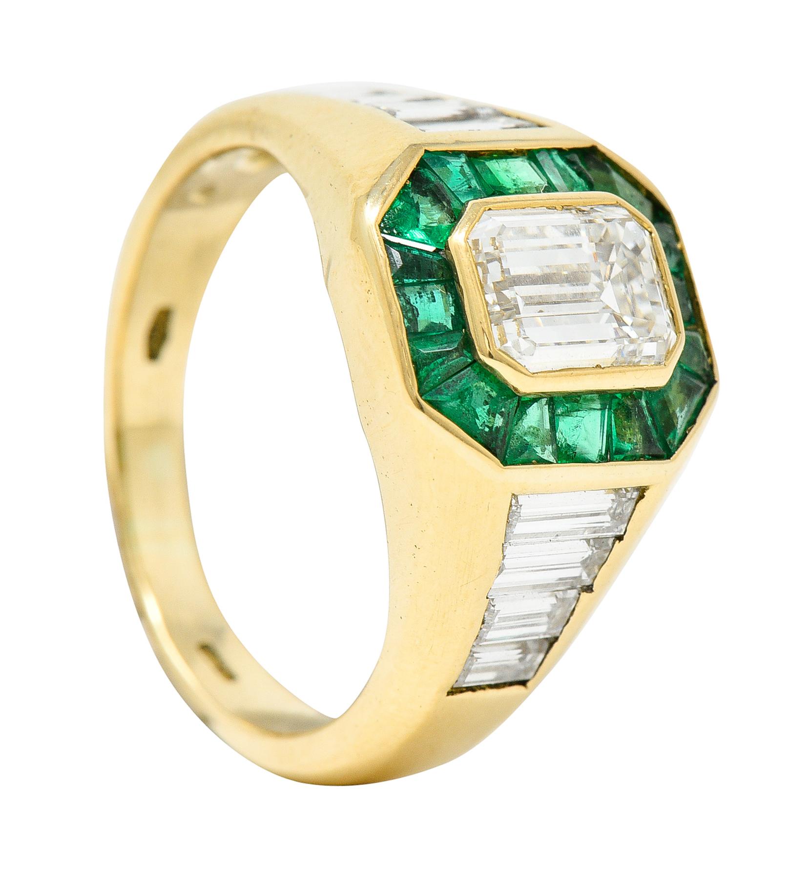 Vintage Italian 2.70 Carats Diamond Emerald 18 Karat Yellow Gold Unisex Ring 7