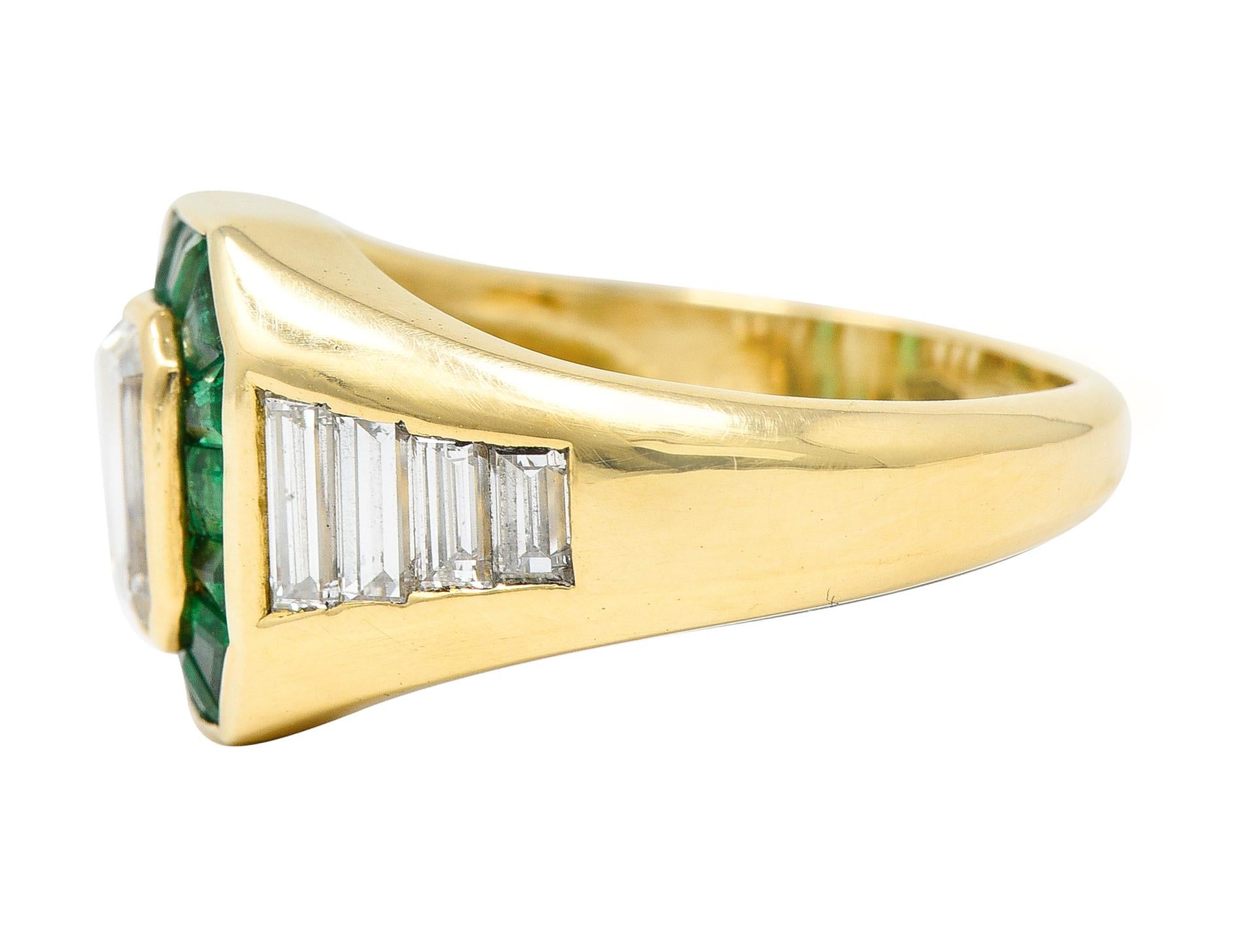 Vintage Italian 2.70 Carats Diamond Emerald 18 Karat Yellow Gold Unisex Ring In Excellent Condition In Philadelphia, PA
