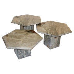Vintage Italian 3 Geometric White Grey and Red Vein Marble Nesting Tables 1970s