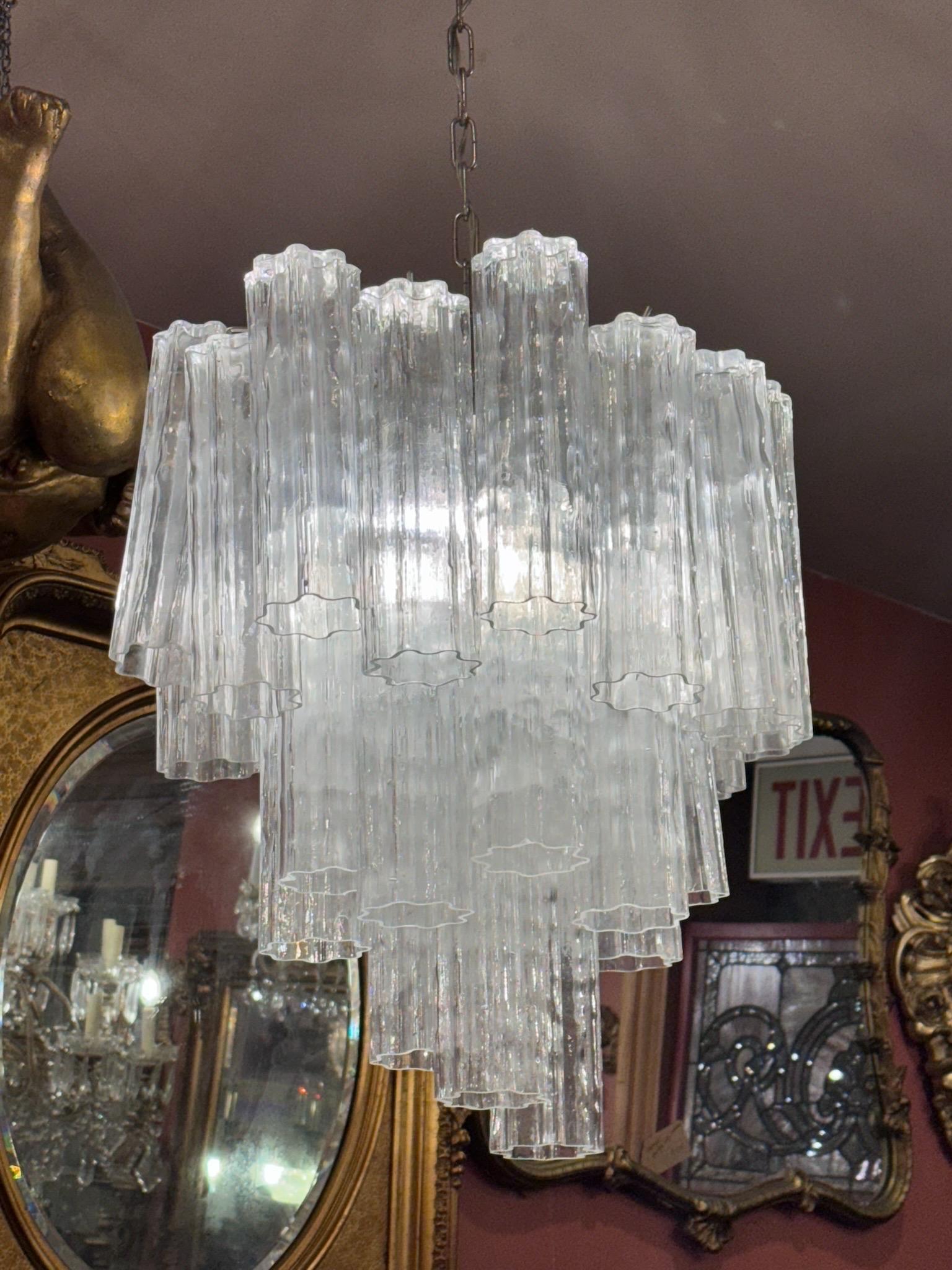 Vintage Italian 3 Tier Round Murano Glass Tronchi Ceiling Chandelier In Good Condition For Sale In Chicago, IL