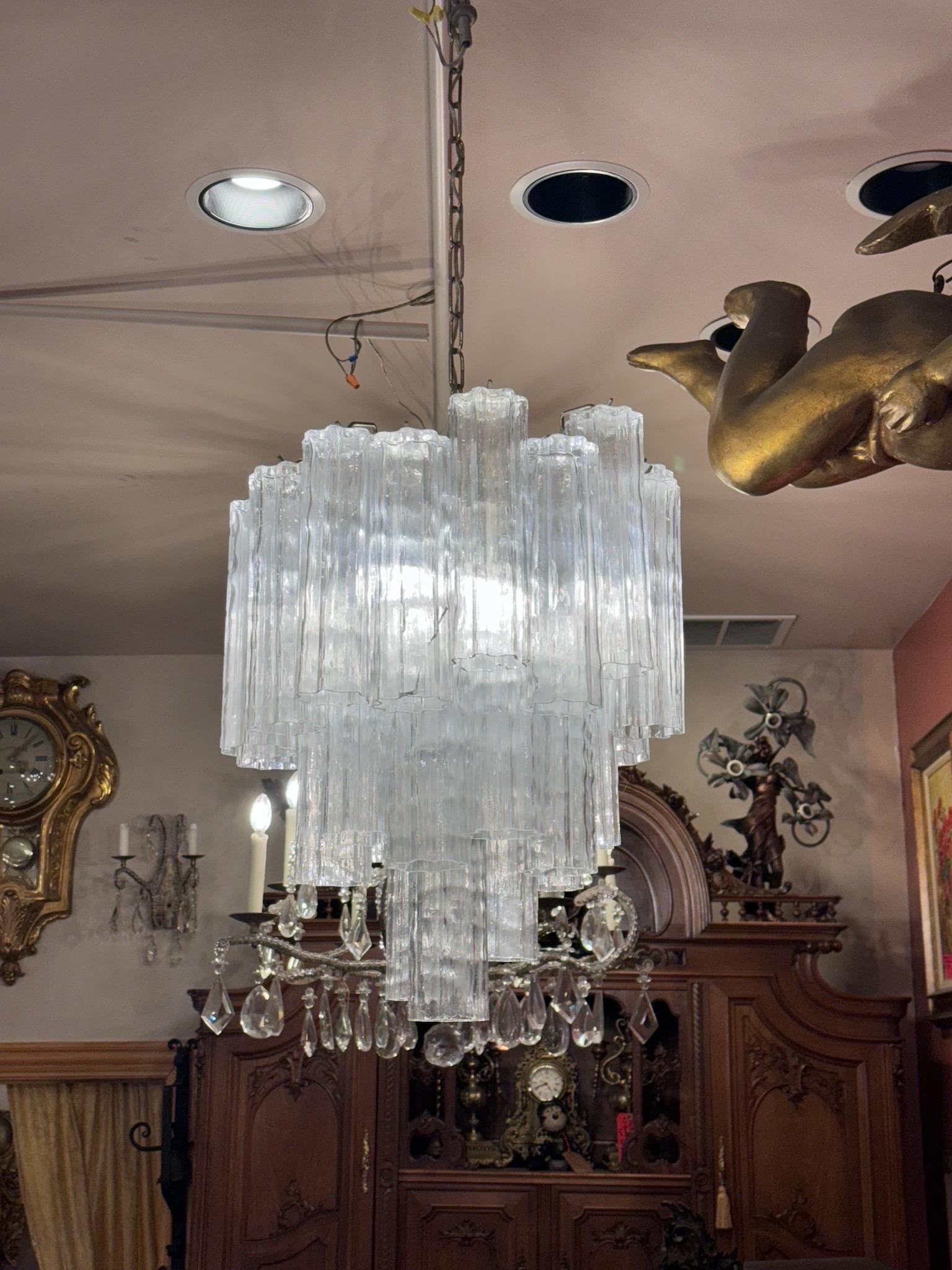 Mid-20th Century Vintage Italian 3 Tier Round Murano Glass Tronchi Ceiling Chandelier For Sale