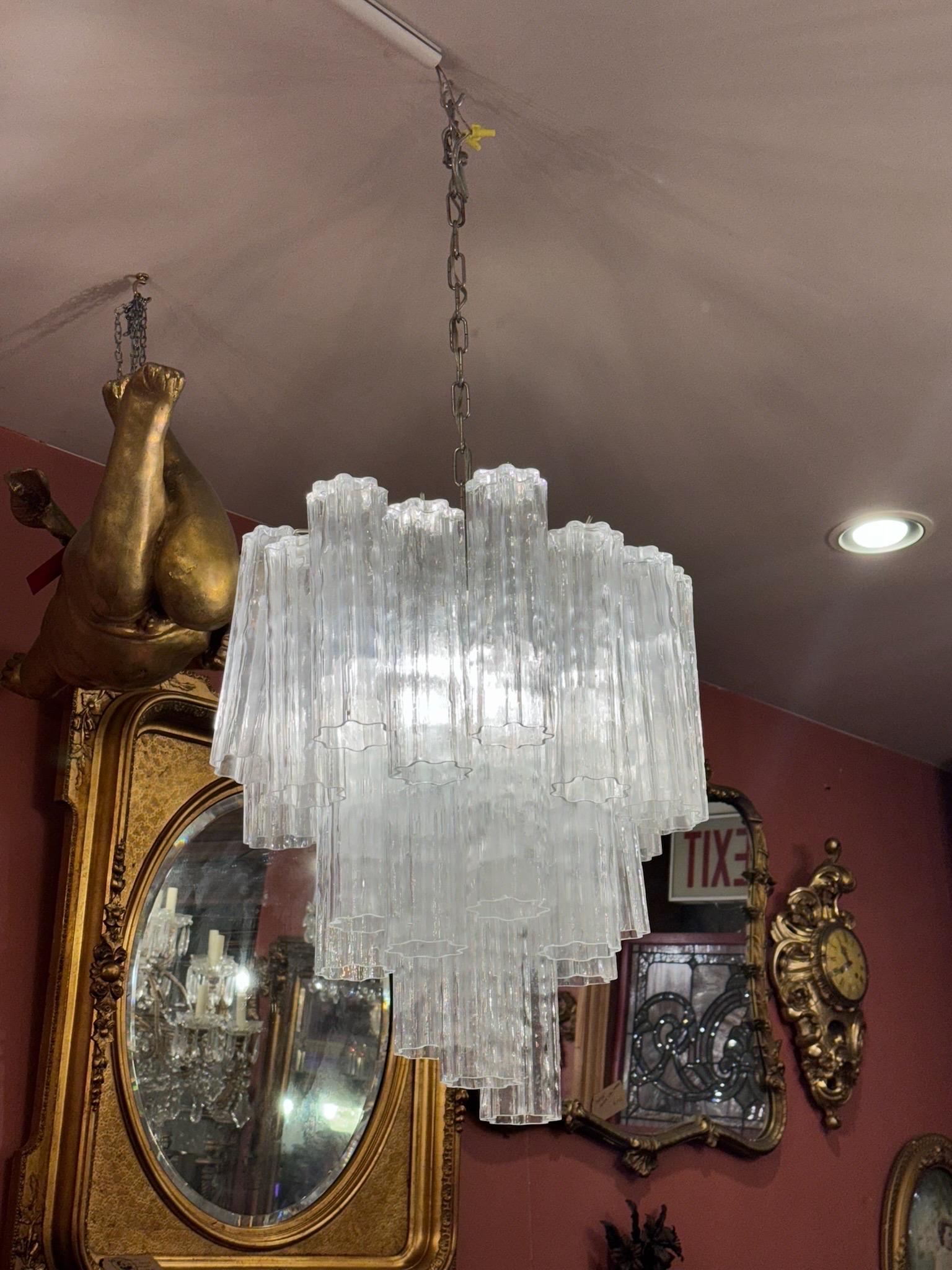 Vintage Italian 3 Tier Round Murano Glass Tronchi Ceiling Chandelier For Sale 1