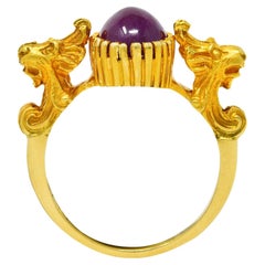 Vintage Italian 3.00 Carats Ruby Cabochon 18 Karat Yellow Gold Gargoyle Ring