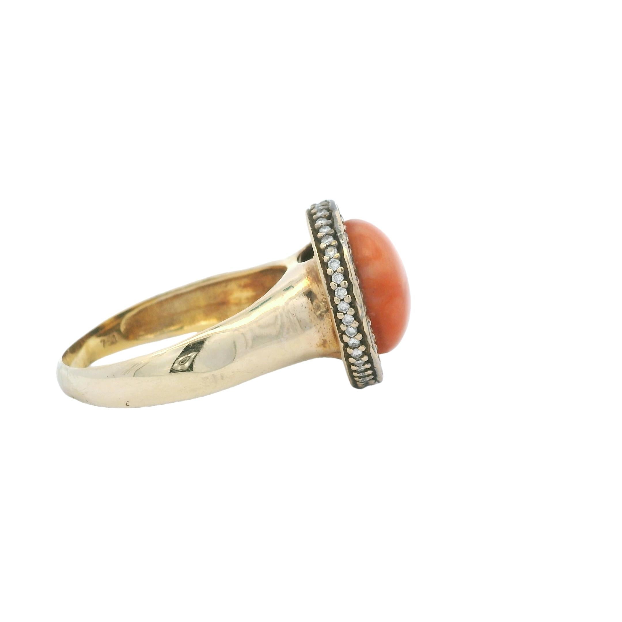 Vintage Italienisch 5 Karat Koralle und 1 Karat Diamant 18K Gold Ring im Angebot 2