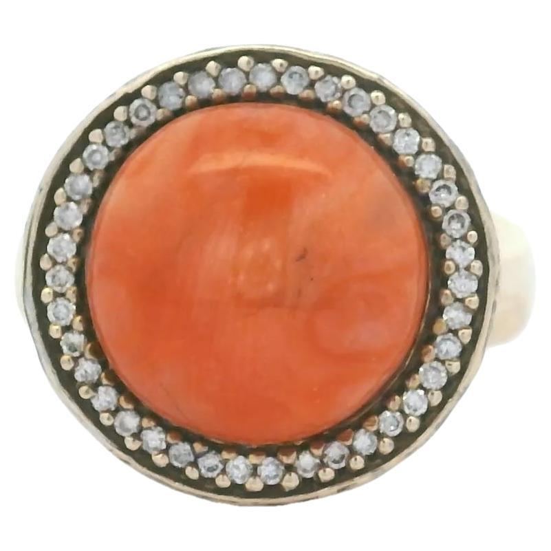 Anillo italiano vintage de oro de 18 quilates con coral de 5 quilates y diamantes de 1 quilate