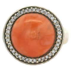 Anello italiano vintage in corallo da 5 carati e diamante da 1 carato in oro 18 carati