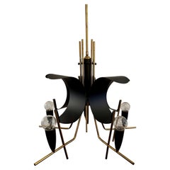 Lampadario italiano vintage a 5 luci in metallo nero e ottone