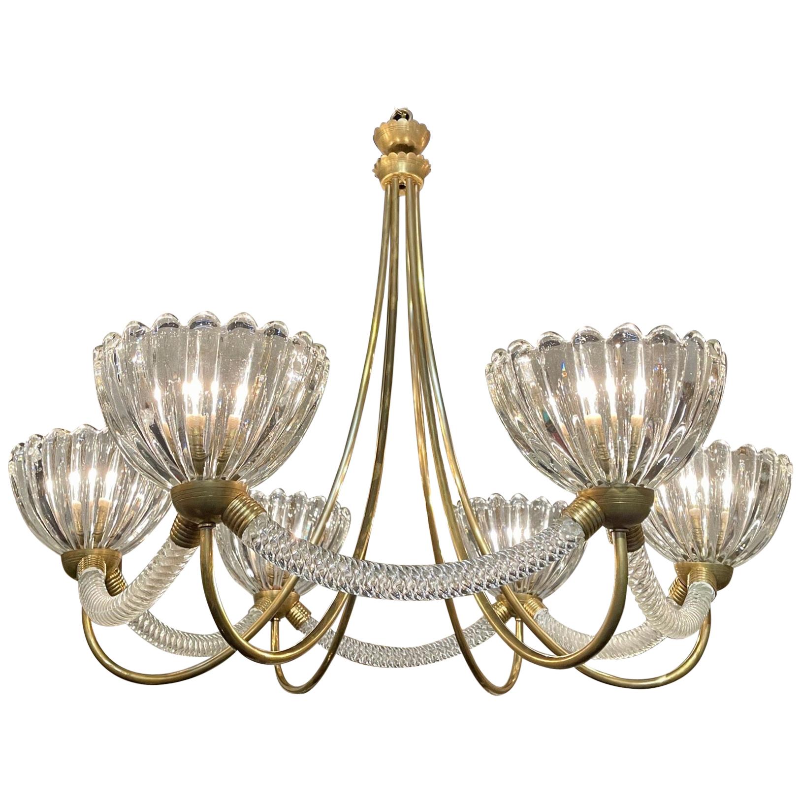 Vintage Italian 6 Light Glass and Brass Chandelier by Barovier and Toso