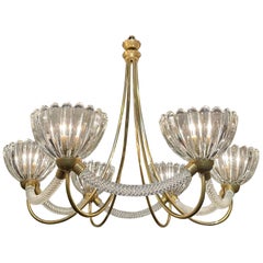 Vintage Italian 6 Light Glass and Brass Chandelier by Barovier and Toso