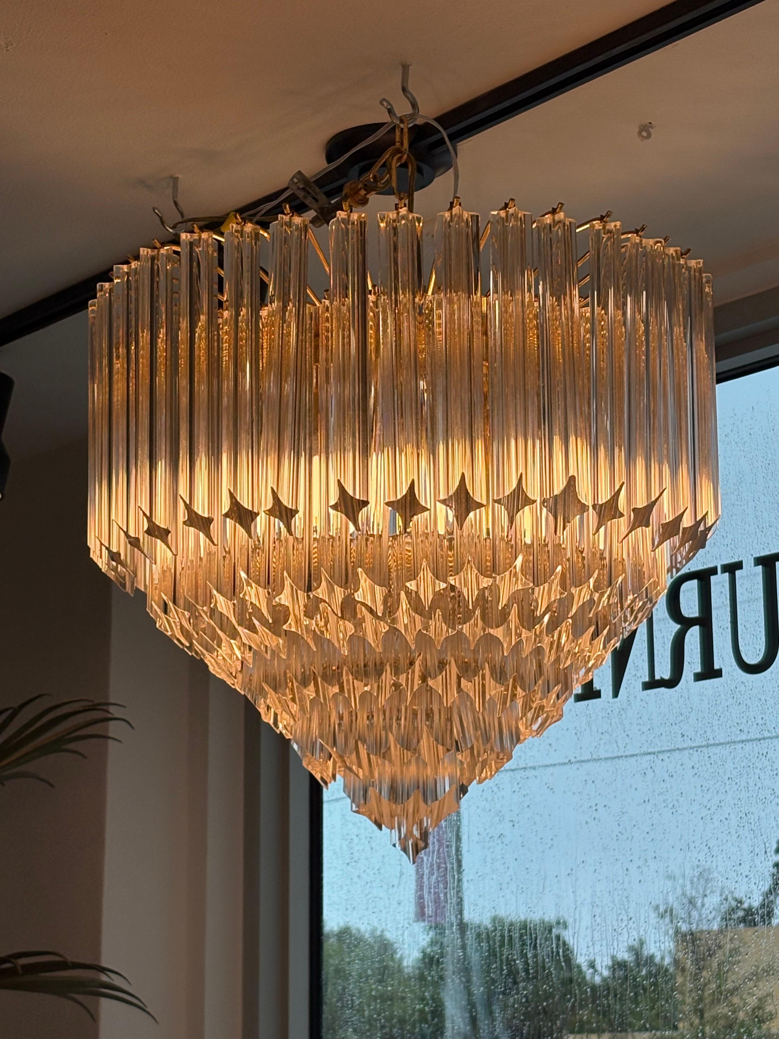 Vintage Italian 7 Tier Murano Venini Quattro Camer Glass Brass Round Chandelier (Messing) im Angebot