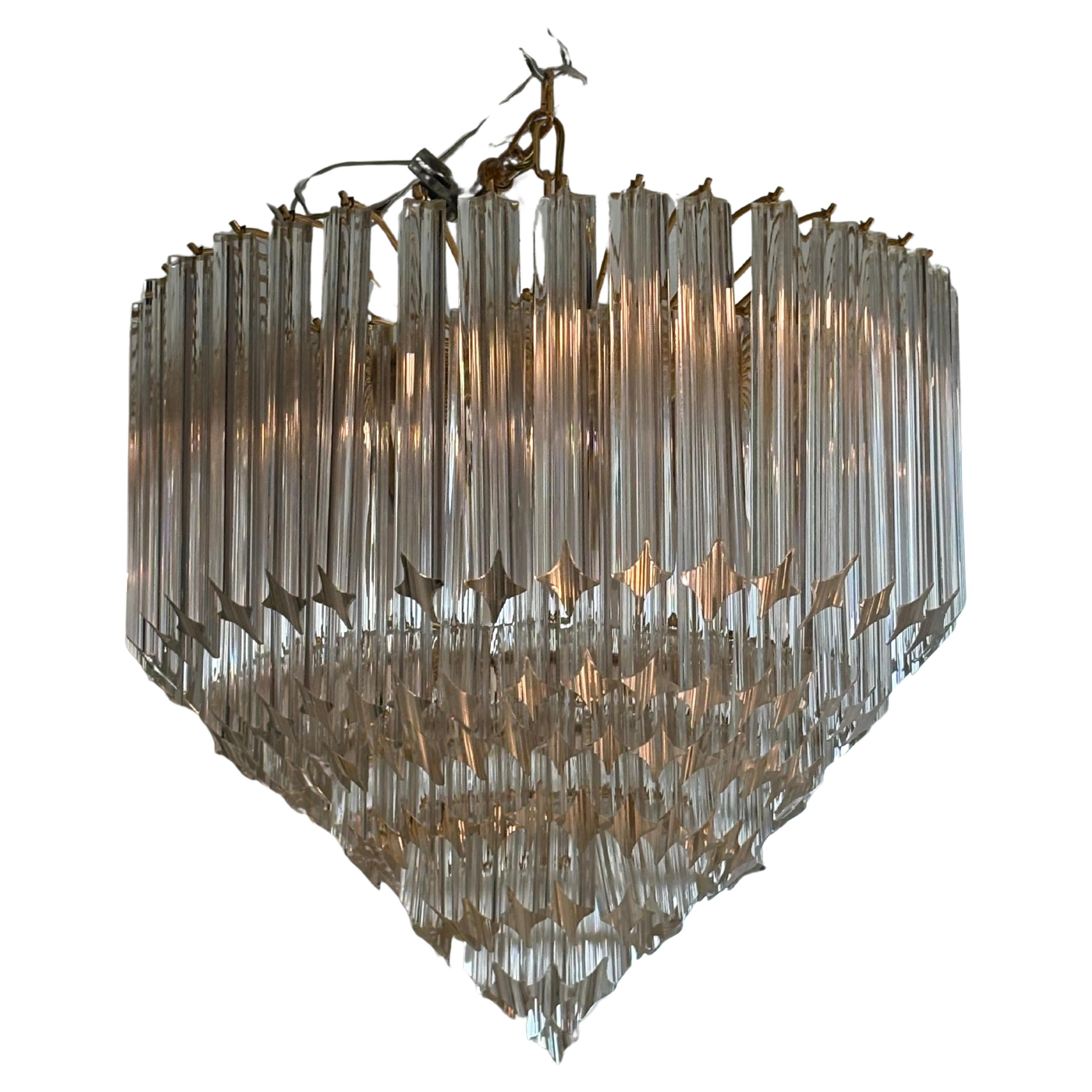 Vintage Italian 7 Tier Murano Venini Quattro Camer Glass Brass Round Chandelier