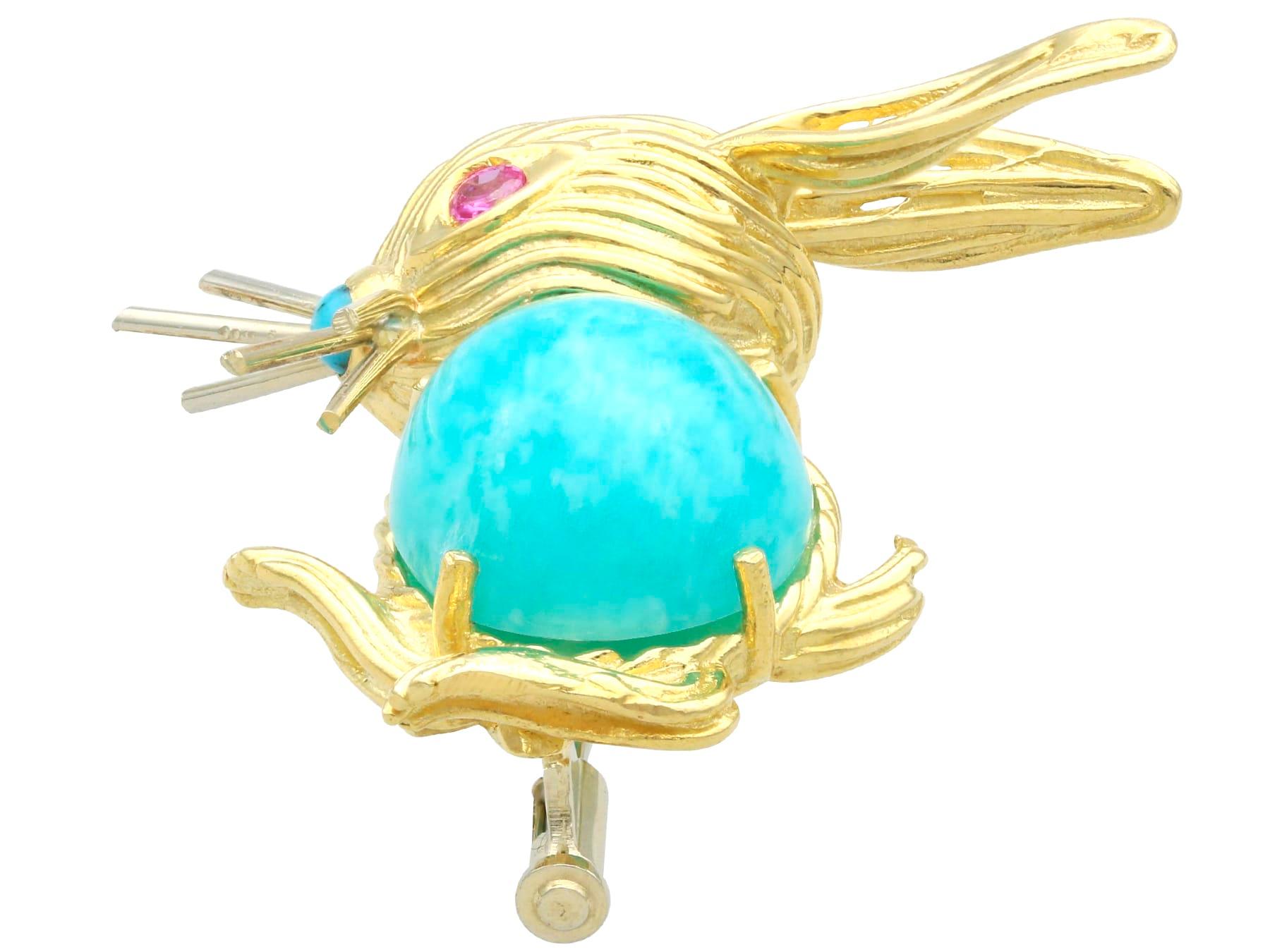 Cabochon Vintage Italian 8.25ct Dyed Quartz, Turquoise and Ruby Yellow Gold Rabbit Brooch For Sale
